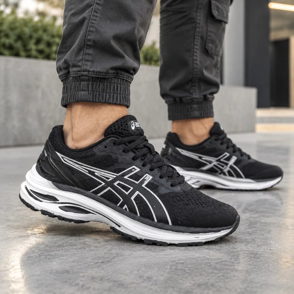 کتونی آسیکس مردانه رنگ مشکی سفید ساده asics