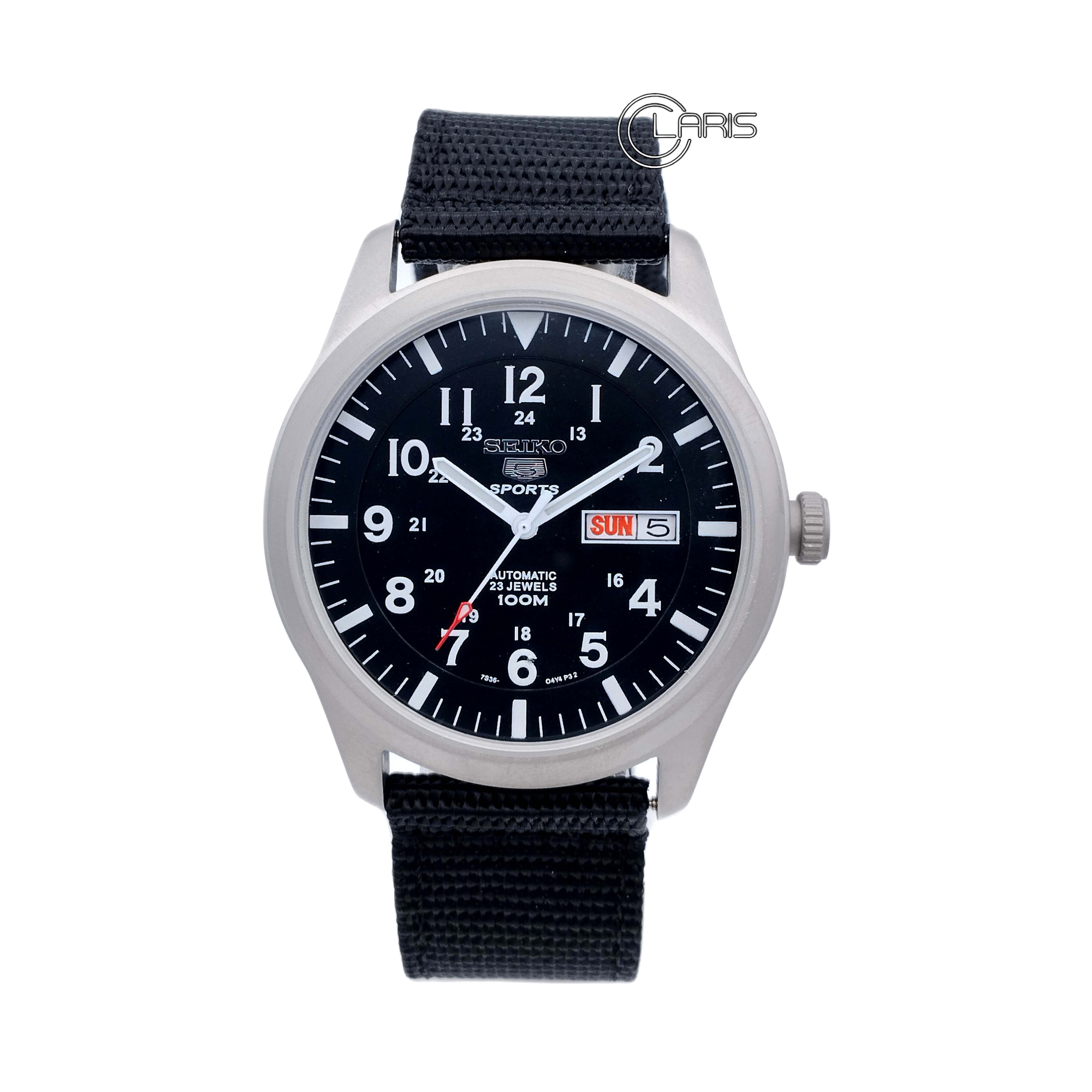 ساعت SEIKO 5 مردانه با بند برزنتی مشکی و صفحه مشکی - موتور ژاپن